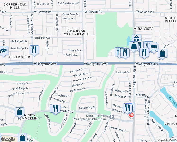 map of restaurants, bars, coffee shops, grocery stores, and more near 8800 Villa Ridge Drive in Las Vegas
