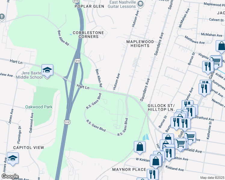 map of restaurants, bars, coffee shops, grocery stores, and more near 627 Hart Lane in Nashville
