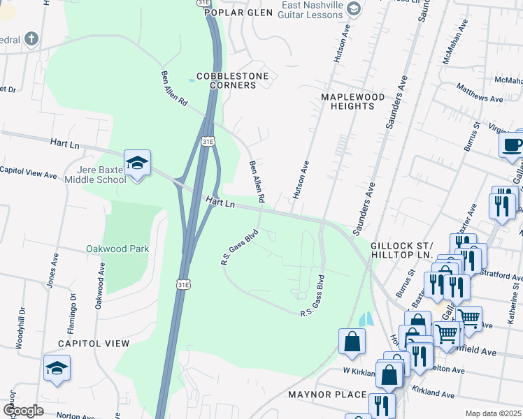 map of restaurants, bars, coffee shops, grocery stores, and more near 617 Ben Allen Road in Nashville