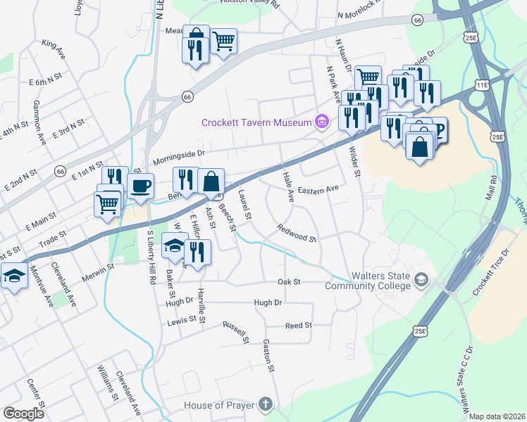 map of restaurants, bars, coffee shops, grocery stores, and more near 340 Redwood Street in Morristown