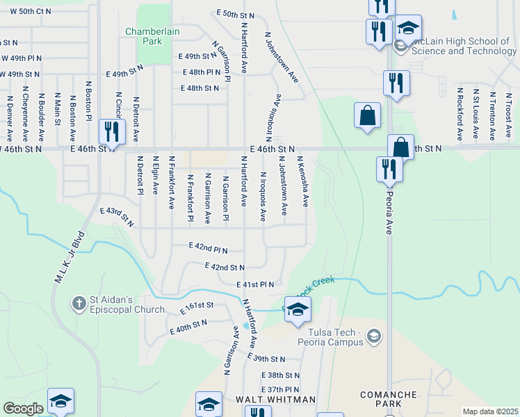 map of restaurants, bars, coffee shops, grocery stores, and more near 4328 North Iroquois Avenue in Tulsa