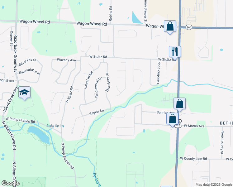 map of restaurants, bars, coffee shops, grocery stores, and more near 3646 Buckingham Terrace in Springdale