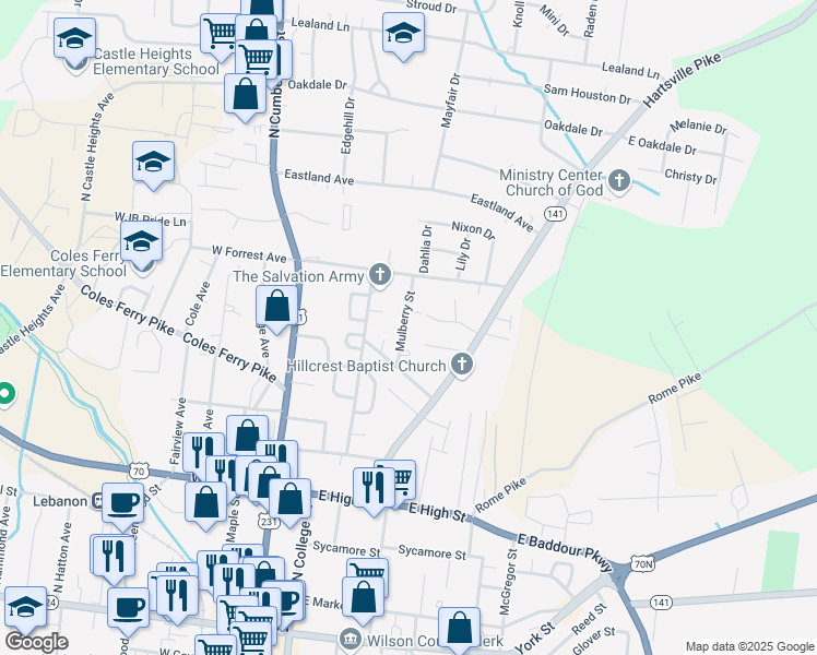 map of restaurants, bars, coffee shops, grocery stores, and more near 713 Mulberry Street in Lebanon