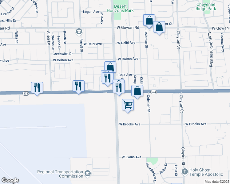map of restaurants, bars, coffee shops, grocery stores, and more near W Cheyenne Ave & Simmons St in North Las Vegas