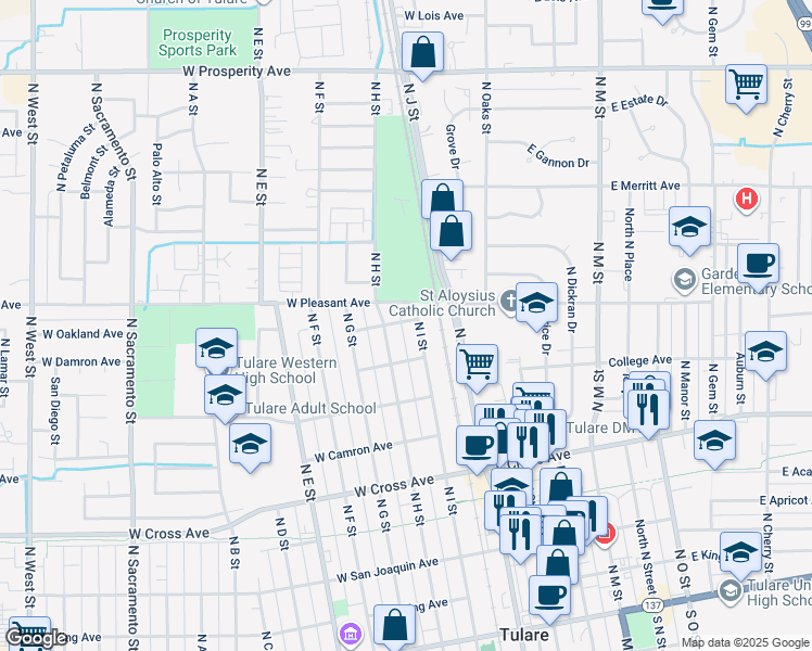 map of restaurants, bars, coffee shops, grocery stores, and more near 117 West Oakland Avenue in Tulare