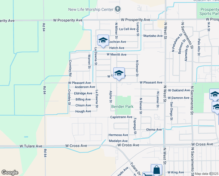 map of restaurants, bars, coffee shops, grocery stores, and more near 857 Alpha Street in Tulare