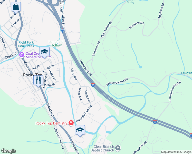 map of restaurants, bars, coffee shops, grocery stores, and more near 880 Lovely Bluff Road in Rocky Top