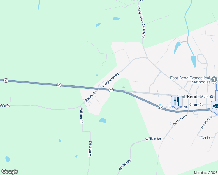 map of restaurants, bars, coffee shops, grocery stores, and more near 624 North Carolina 67 in East Bend