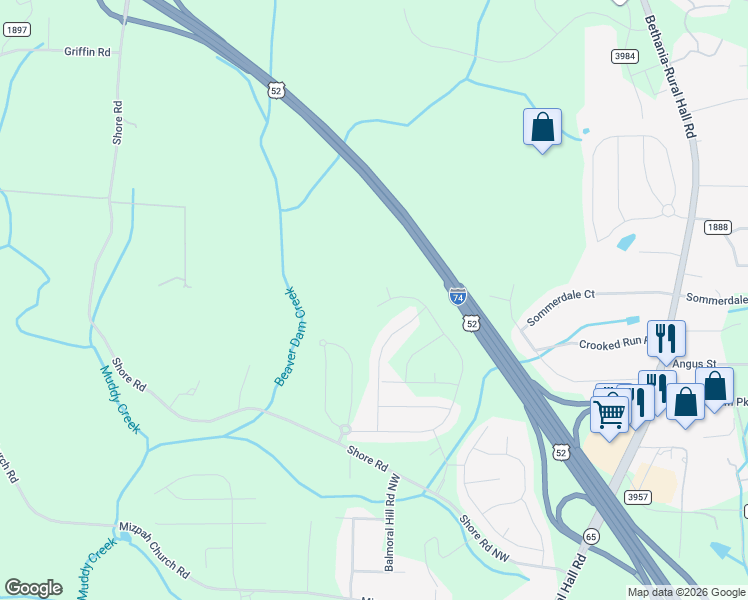 map of restaurants, bars, coffee shops, grocery stores, and more near 1551 Shore Road in Rural Hall