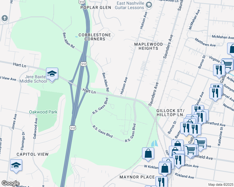 map of restaurants, bars, coffee shops, grocery stores, and more near 627 Hart Lane in Nashville