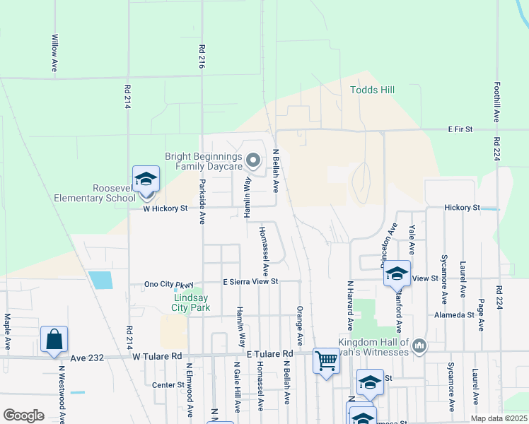 map of restaurants, bars, coffee shops, grocery stores, and more near 500 E Hickory St in Lindsay