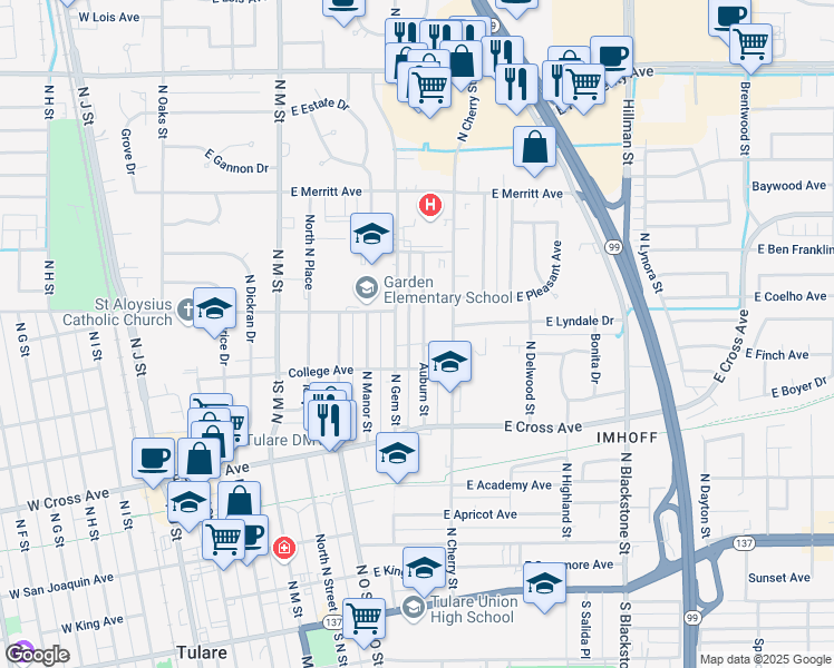 map of restaurants, bars, coffee shops, grocery stores, and more near 631 Auburn Street in Tulare