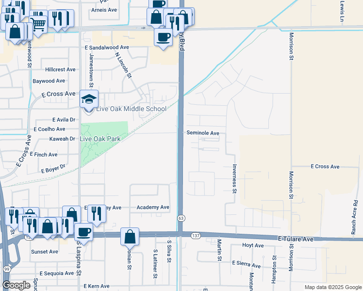 map of restaurants, bars, coffee shops, grocery stores, and more near 682 Mooney Boulevard in Tulare