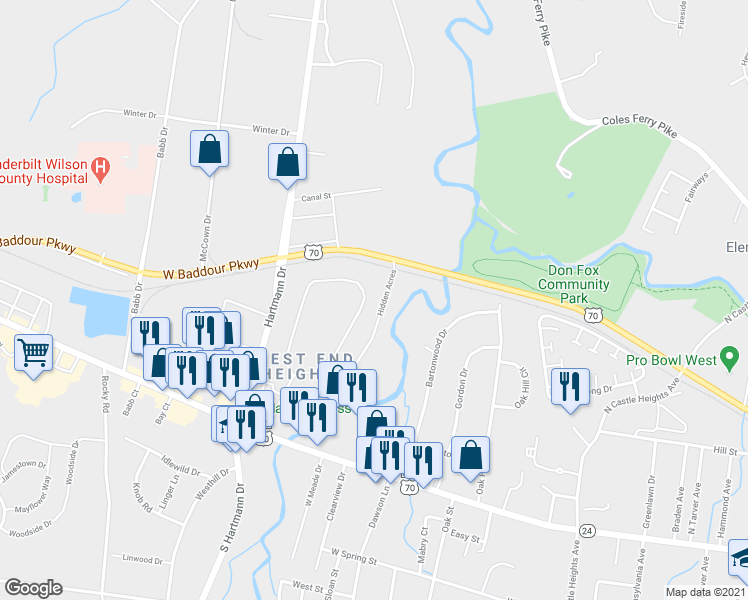 map of restaurants, bars, coffee shops, grocery stores, and more near 225 West End Heights in Lebanon