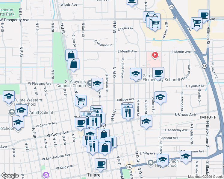 map of restaurants, bars, coffee shops, grocery stores, and more near 627 North M Street in Tulare