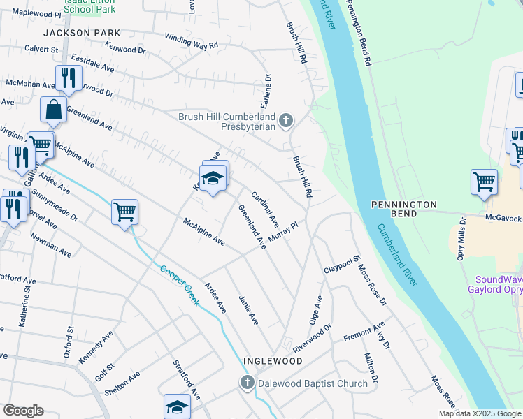 map of restaurants, bars, coffee shops, grocery stores, and more near 1342 Cardinal Avenue in Nashville