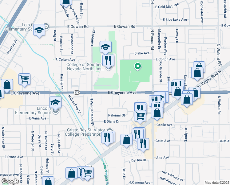 map of restaurants, bars, coffee shops, grocery stores, and more near 3227 East Cheyenne Avenue in North Las Vegas