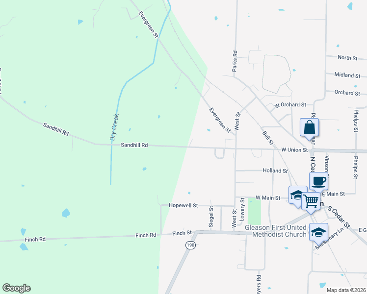 map of restaurants, bars, coffee shops, grocery stores, and more near 342 Sandhill Road in Gleason