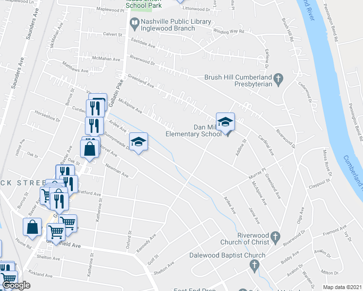 map of restaurants, bars, coffee shops, grocery stores, and more near 1222 Mcalpine Avenue in Nashville