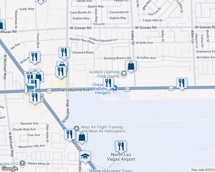 map of restaurants, bars, coffee shops, grocery stores, and more near 4445 Pioche Avenue in North Las Vegas