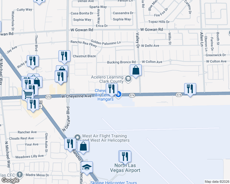 map of restaurants, bars, coffee shops, grocery stores, and more near 4541 West Cheyenne Avenue in North Las Vegas