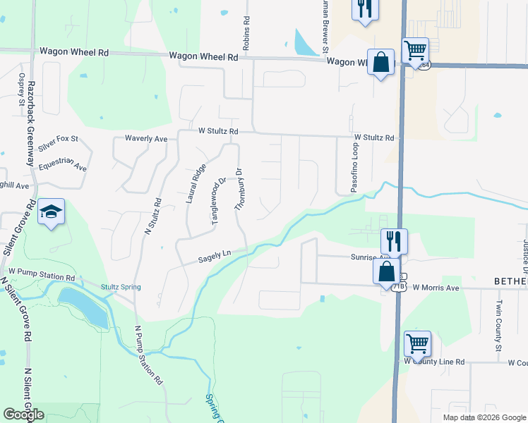 map of restaurants, bars, coffee shops, grocery stores, and more near 3646 Buckingham Terrace in Springdale