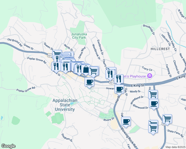 map of restaurants, bars, coffee shops, grocery stores, and more near 240 Wallace Circle in Boone