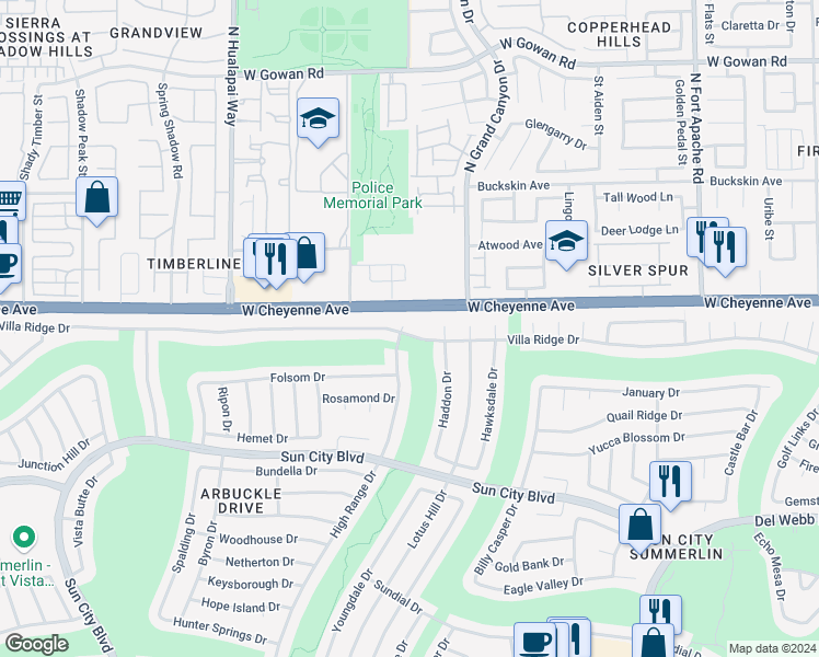 map of restaurants, bars, coffee shops, grocery stores, and more near 9800 Villa Ridge Drive in Las Vegas