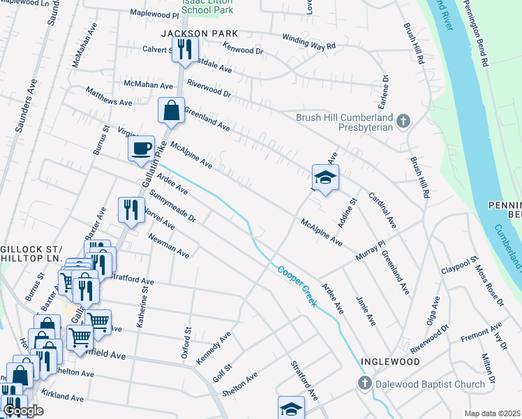 map of restaurants, bars, coffee shops, grocery stores, and more near 1222 McAlpine Avenue in Nashville