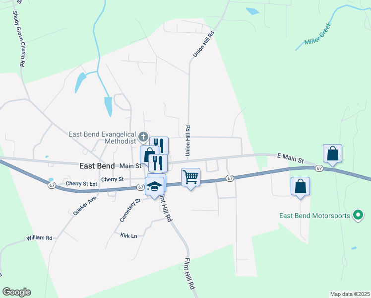 map of restaurants, bars, coffee shops, grocery stores, and more near 109 Union Hill Road in East Bend