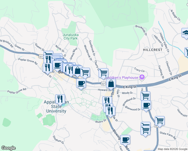 map of restaurants, bars, coffee shops, grocery stores, and more near 143 Cherrybrook Lane in Boone