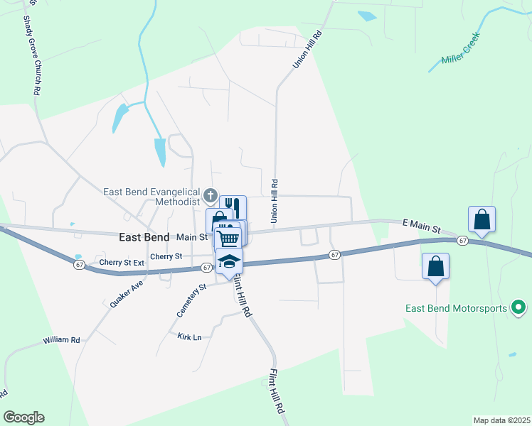 map of restaurants, bars, coffee shops, grocery stores, and more near 109 Union Hill Road in East Bend