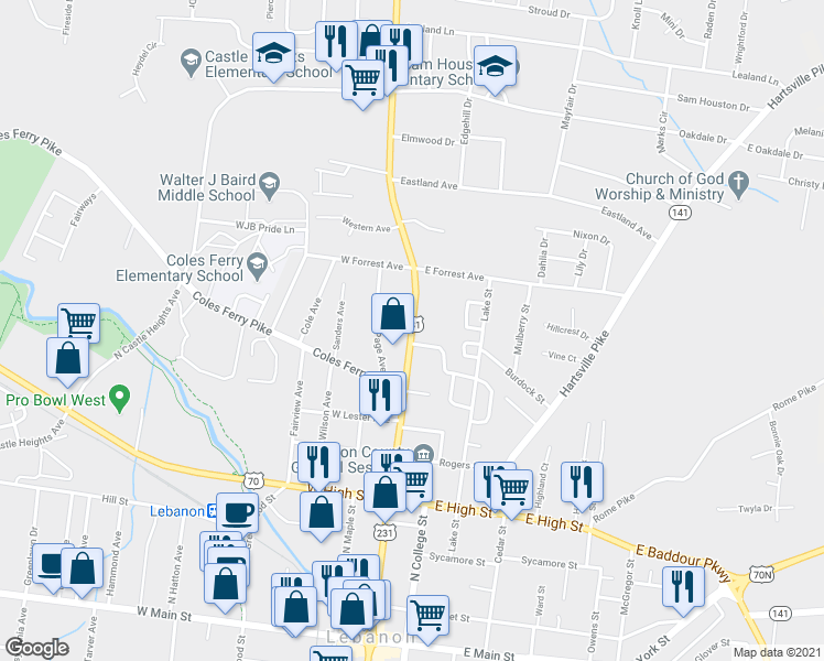map of restaurants, bars, coffee shops, grocery stores, and more near North Cumberland Street in Lebanon