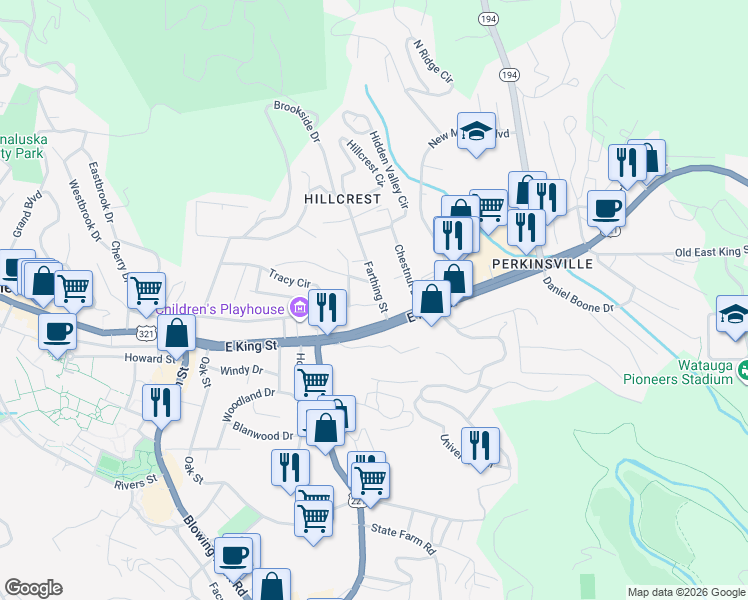 map of restaurants, bars, coffee shops, grocery stores, and more near 155 Farthing Street in Boone