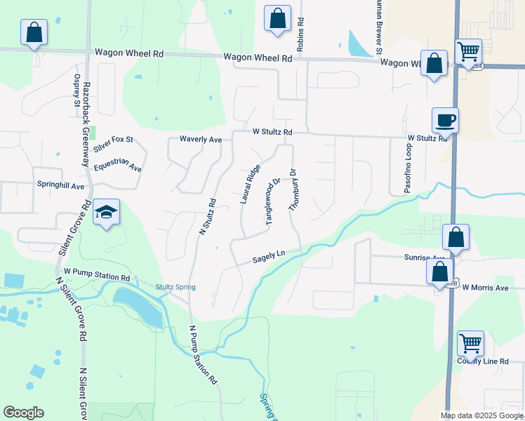 map of restaurants, bars, coffee shops, grocery stores, and more near 3692 Tanglewood Drive in Springdale