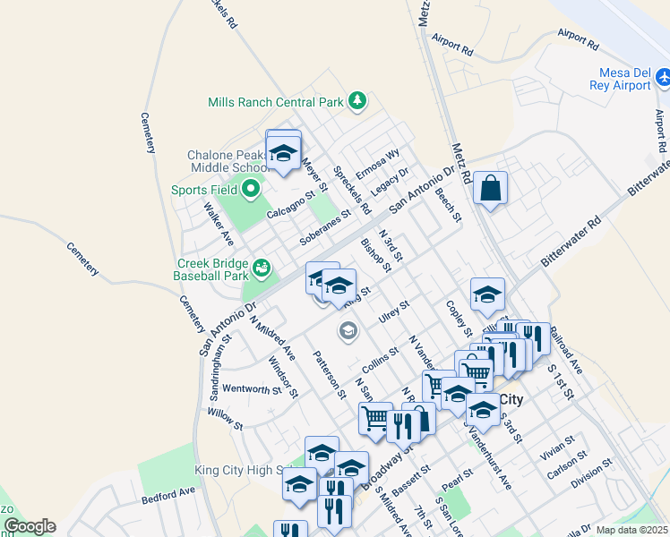 map of restaurants, bars, coffee shops, grocery stores, and more near 425 Queen Street in King City