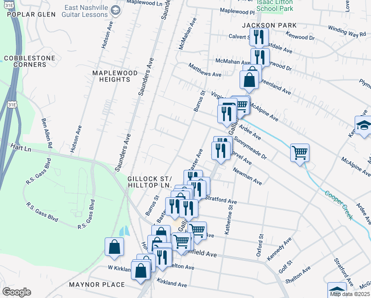 map of restaurants, bars, coffee shops, grocery stores, and more near 905 Oak Street in Nashville