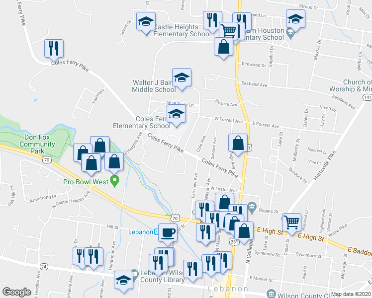 map of restaurants, bars, coffee shops, grocery stores, and more near 411 Coles Ferry Pike in Lebanon