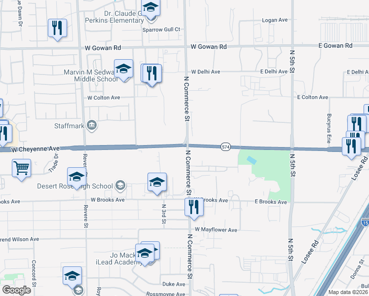 map of restaurants, bars, coffee shops, grocery stores, and more near 215 West Cheyenne Avenue in North Las Vegas
