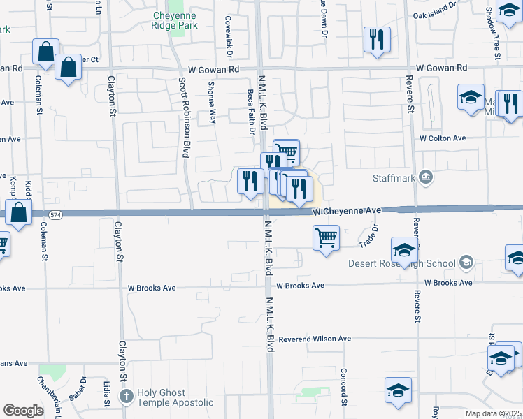 map of restaurants, bars, coffee shops, grocery stores, and more near in North Las Vegas
