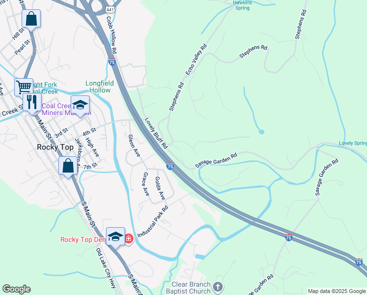 map of restaurants, bars, coffee shops, grocery stores, and more near 880 Lovely Bluff Road in Rocky Top
