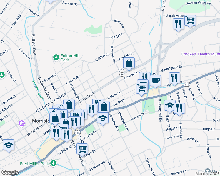 map of restaurants, bars, coffee shops, grocery stores, and more near 710 East 1st North Street in Morristown