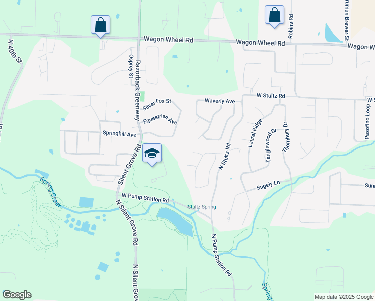 map of restaurants, bars, coffee shops, grocery stores, and more near 2398 Surrey Lane in Springdale