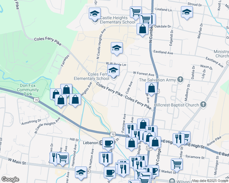 map of restaurants, bars, coffee shops, grocery stores, and more near 511 Coles Ferry Pike in Lebanon