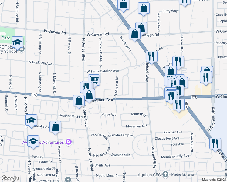 map of restaurants, bars, coffee shops, grocery stores, and more near 5805 West Maynard Avenue in Las Vegas