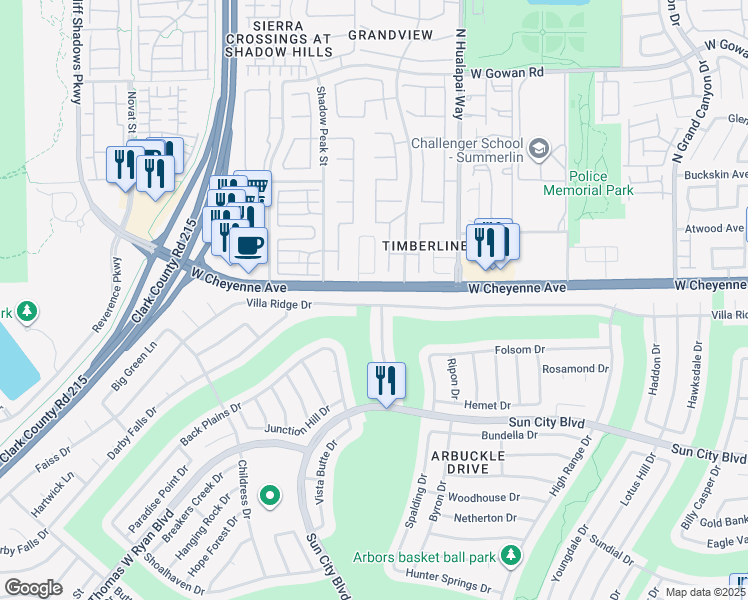 map of restaurants, bars, coffee shops, grocery stores, and more near 10301 Villa Ridge Drive in Las Vegas
