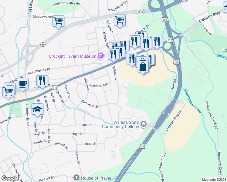 map of restaurants, bars, coffee shops, grocery stores, and more near 433 Spruce Street in Morristown