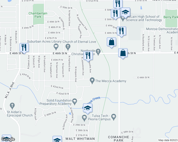 map of restaurants, bars, coffee shops, grocery stores, and more near 4334 North Kenosha Avenue in Tulsa