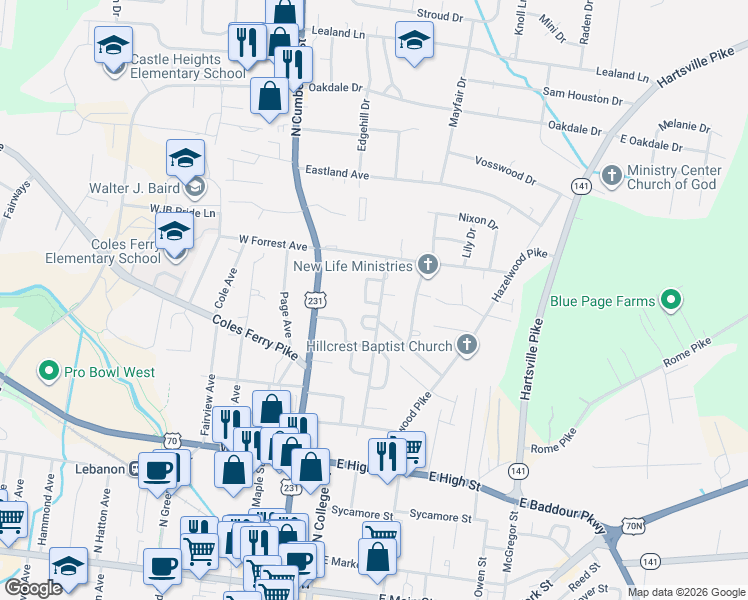 map of restaurants, bars, coffee shops, grocery stores, and more near 52 Upton Heights in Lebanon