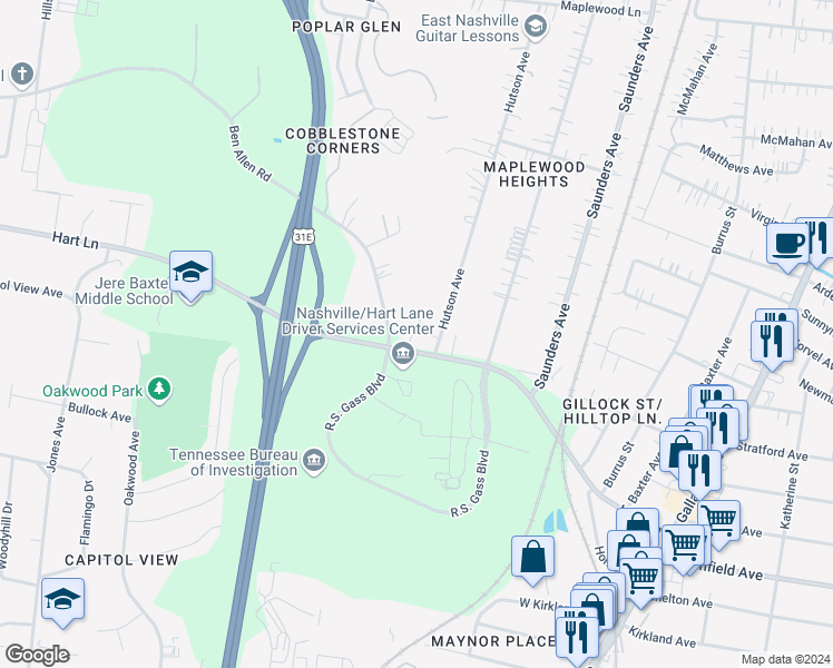 map of restaurants, bars, coffee shops, grocery stores, and more near 627 Hart Lane in Nashville